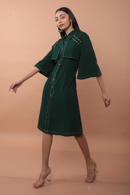 Green Georgette Solid Collared Neck Paneled Supernova Dress by Veera Wear