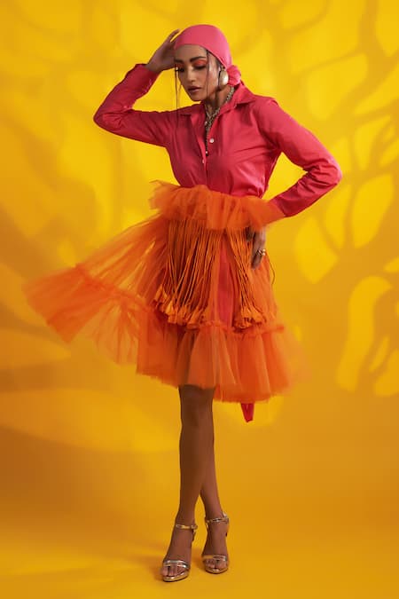 Pink Cotton Shirt Collar Dress With Tulle Overlay by Jyoti Sachdev Iyer