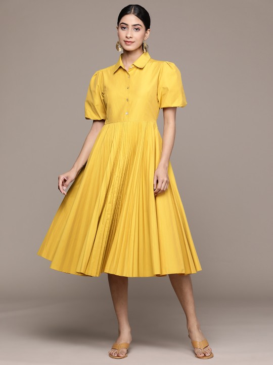 Puff Sleeves Accordion Pleated A-Line Dress by Label Ritu Kumar