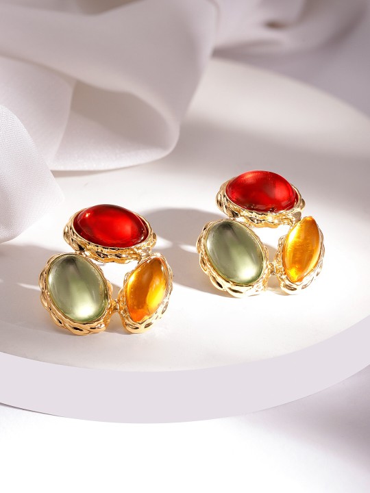 18K Gold Plated Multicolor Oval Stud Earring with Red Green & Amber Stones by Rubans Voguish