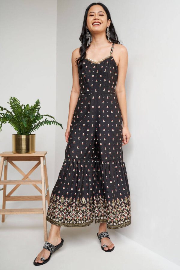 Black Ethnic Motifs Flared Jump Suit
