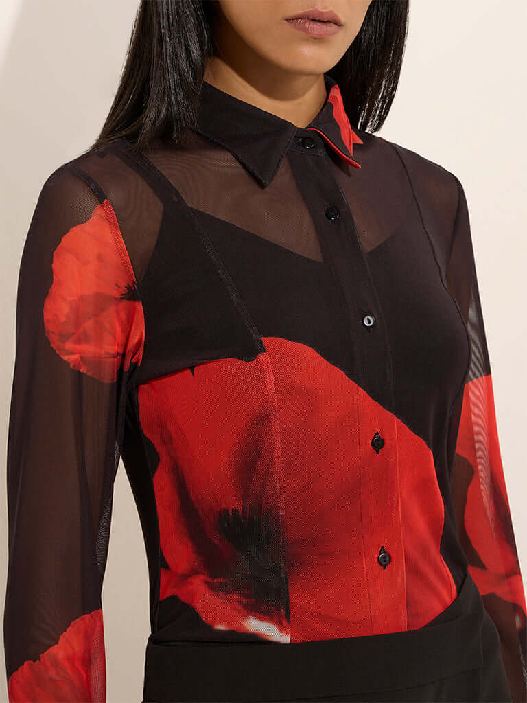 Black Floral Printed Mesh Shirt with Camisole by Wardrobe