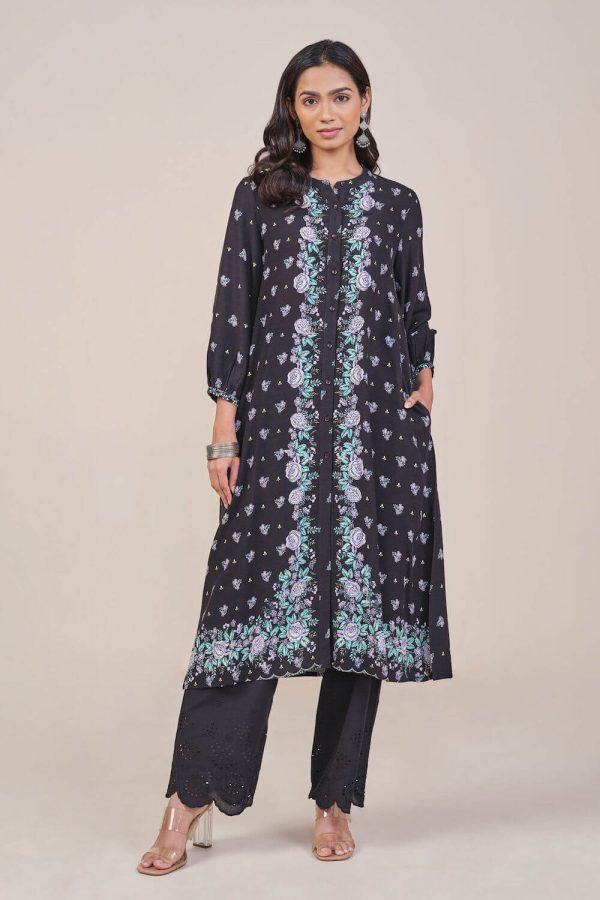 Black Placement Print Kurta