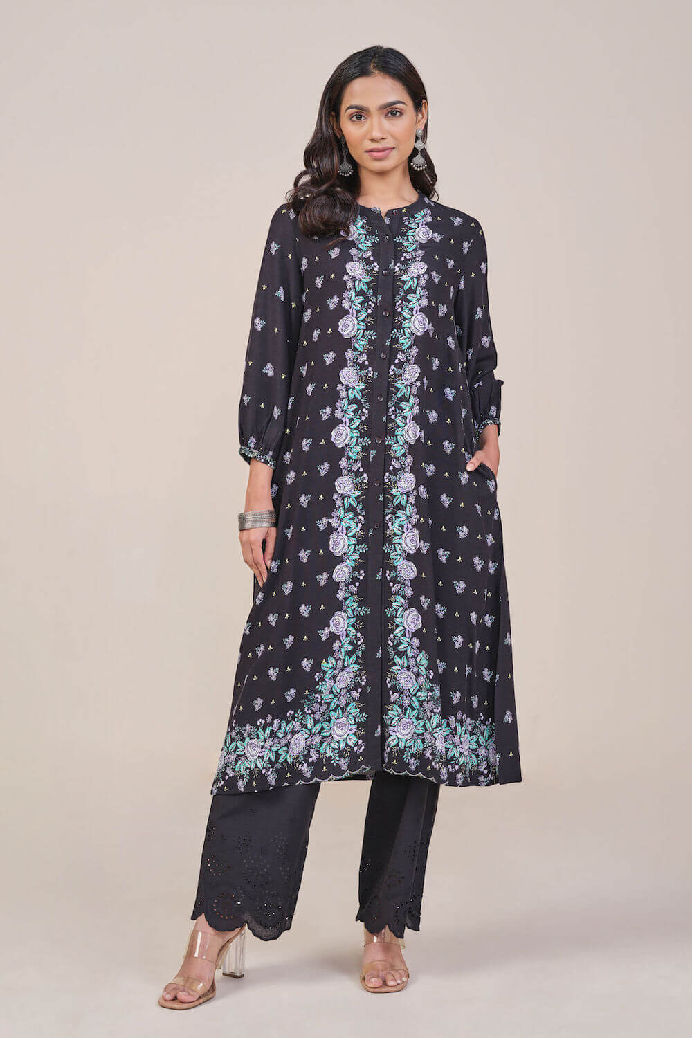 Black Placement Print Kurta