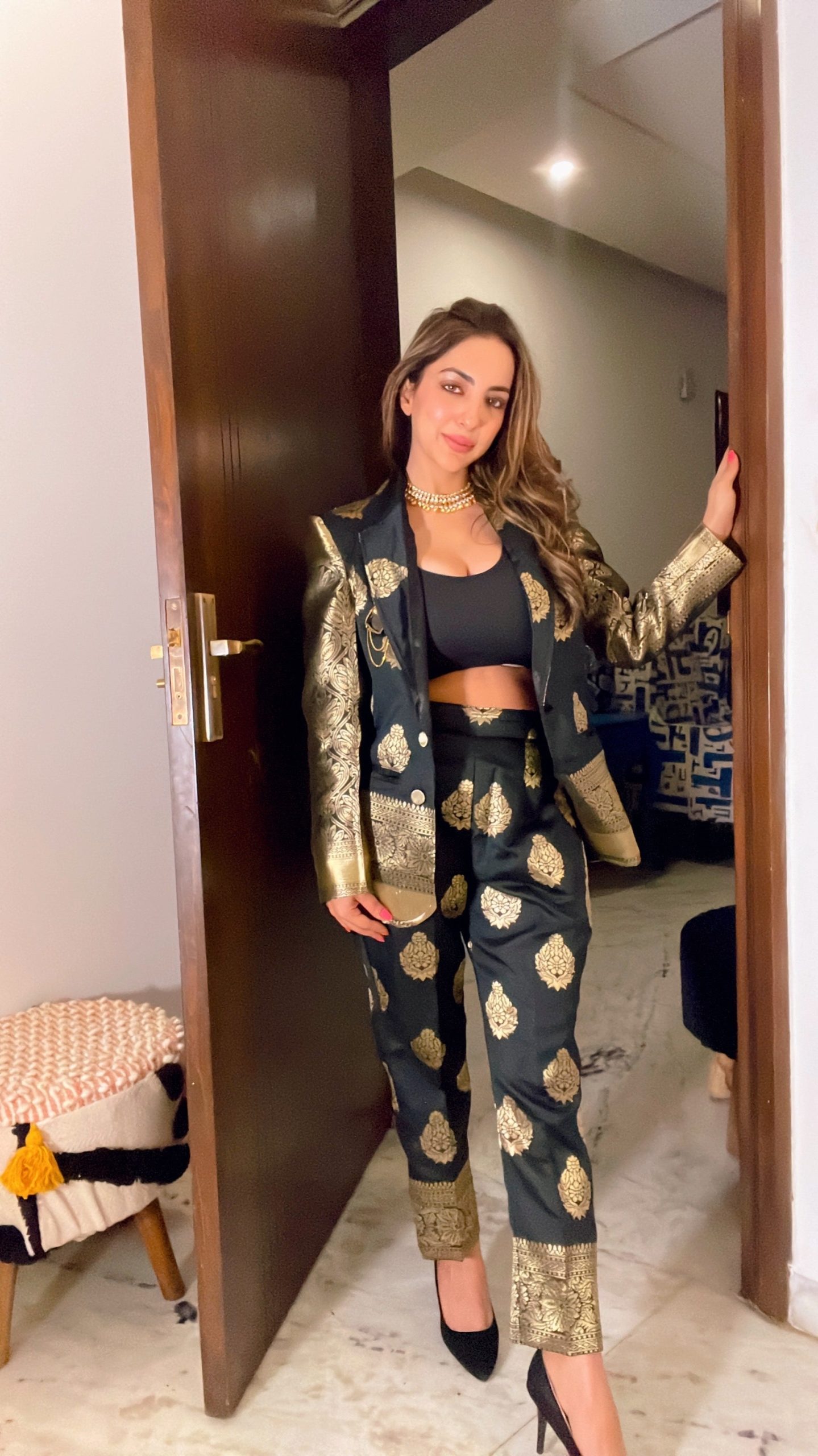 Brocade Silk, Elastic Stretch Pants and Blazer Set with Lining