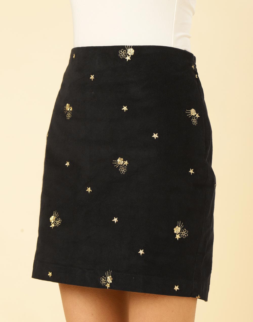 Cotton Blend, Slim-Fit Embroidered Short Skirt, FabNu