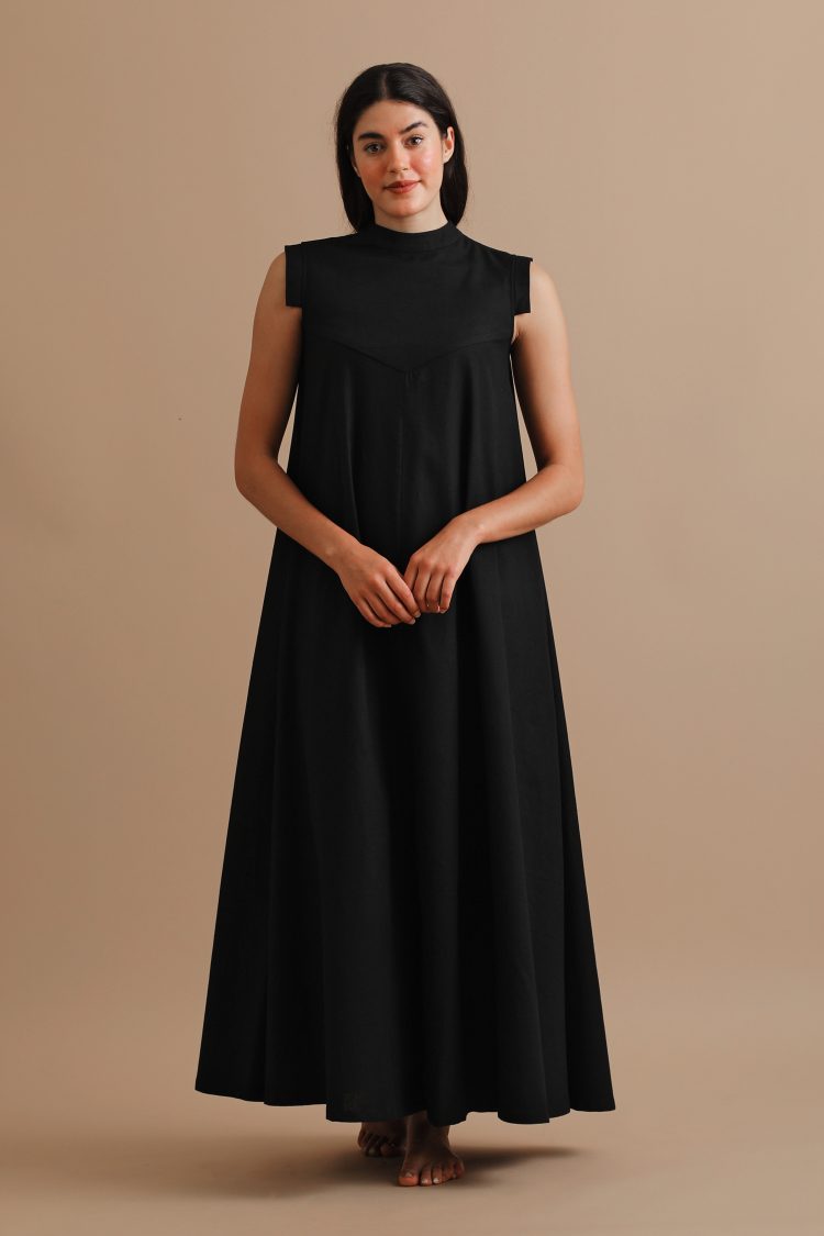 Cotton Flax, Closed Neck Full-Length Dress with Dropped Geometric Sleeves in Black, Zelda