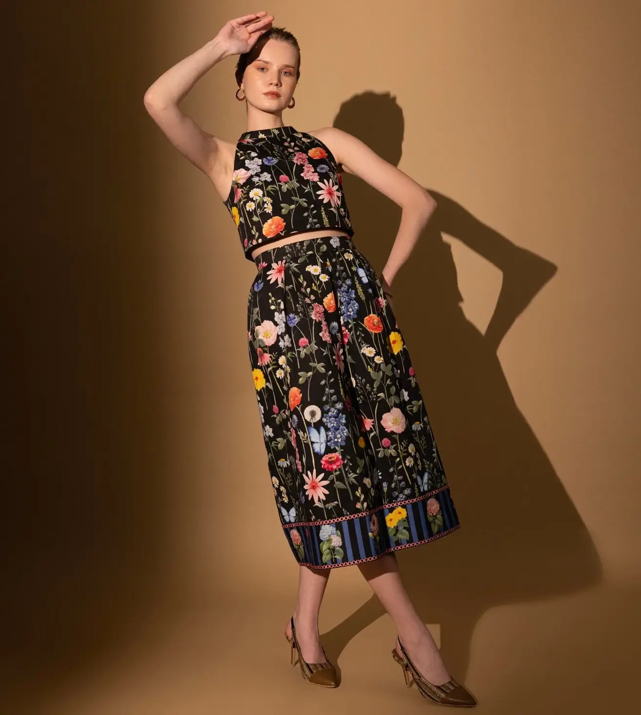 Cotton Satin, Skirt and Top Set with Floral Pattern, Black Blossom by Shimona