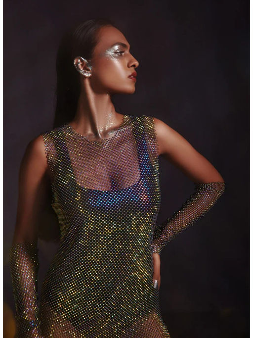 Diamond Mesh Midi Dress-Black by The Clothing Factory