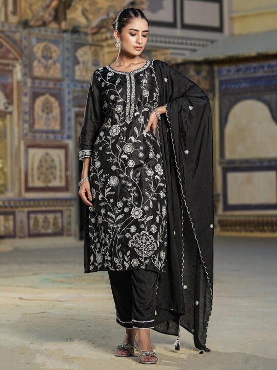 Floral Embroidered Straight Kurta with Trousers & Dupatta by SCAKHI