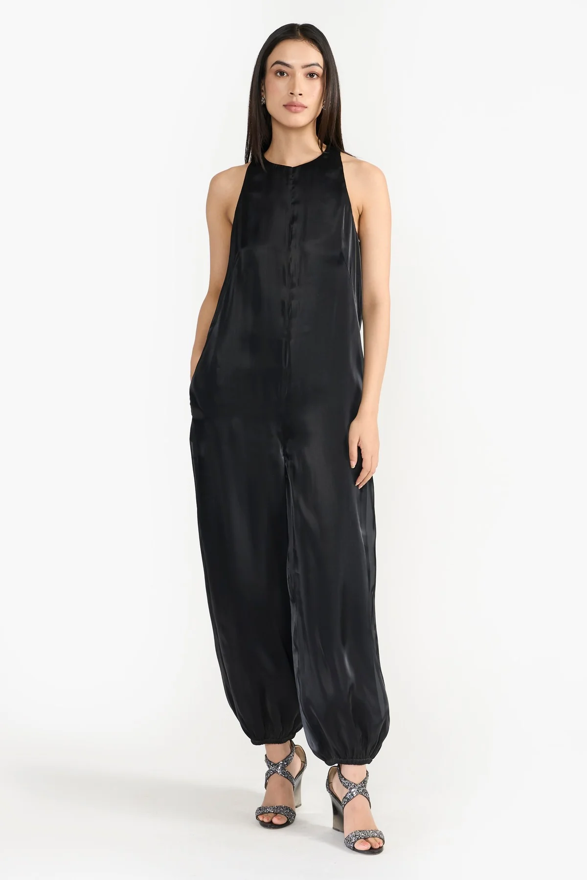 Fluid Organza Jumpsuit with Barrel-Shaped Legs