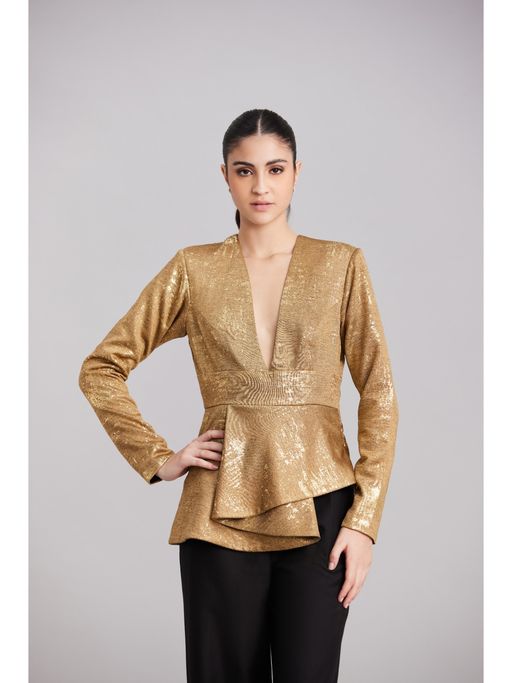 Gold Foil Pattern Peplum Top by Zabella