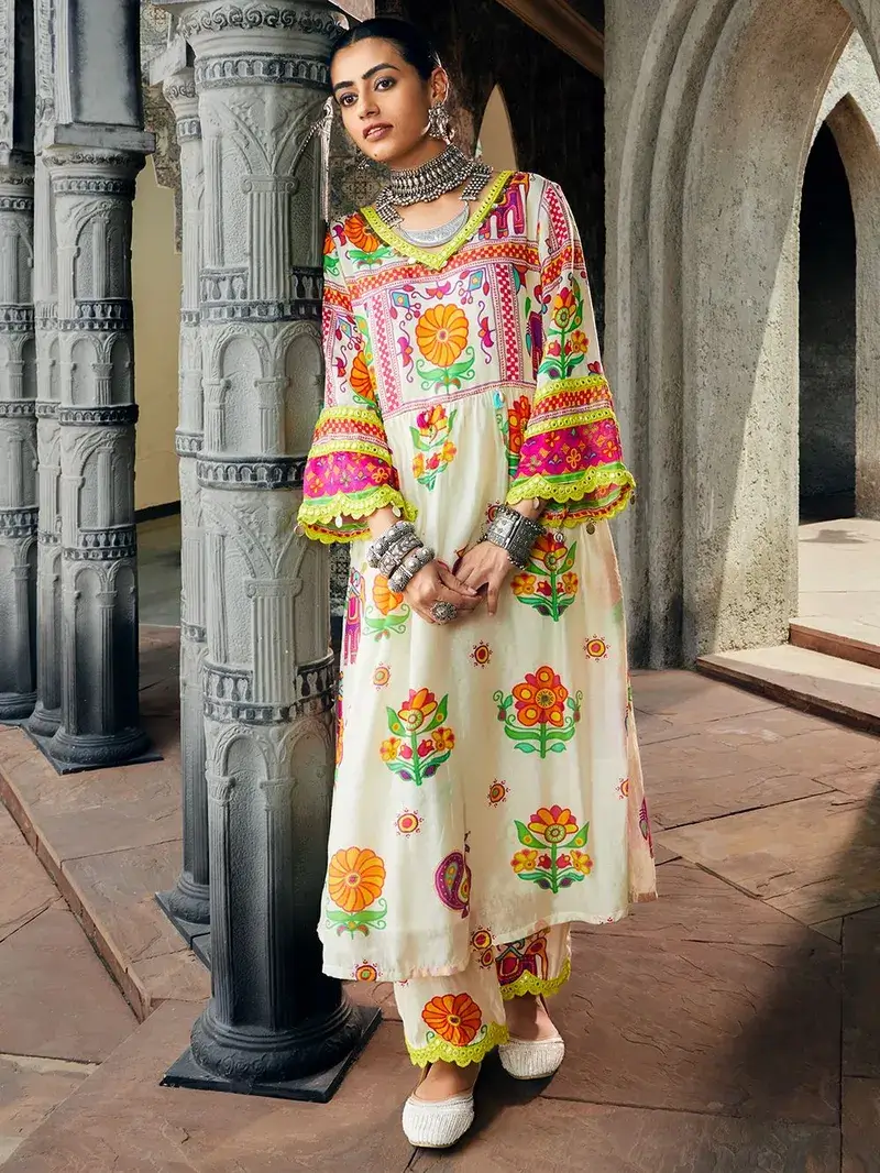 Ivory Printed Chanderi Kurta with Pants- Set of 2