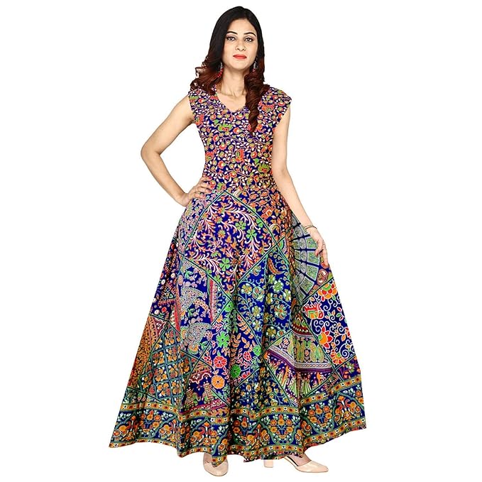 Jaipur Women's Stitched POM POM Casual Cotton Long Maxi Dress - Blue Multicolour by Aditya Impex