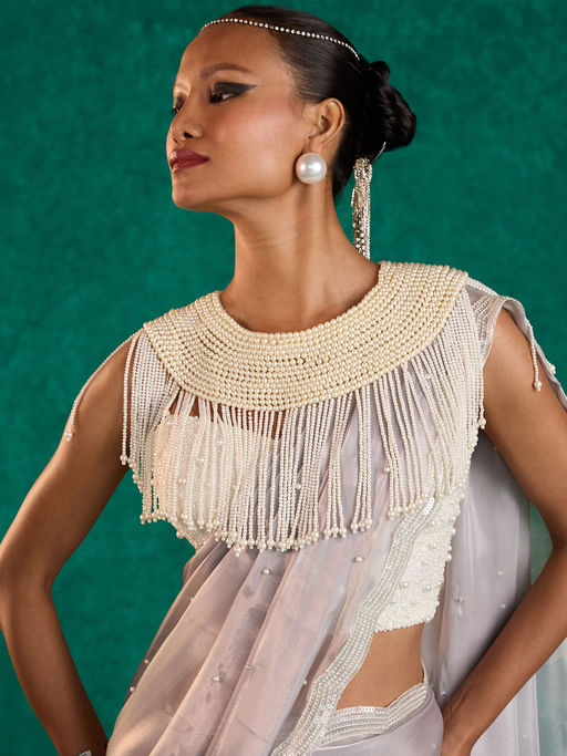 Off White Pearl Tassel Cape by Gajra Gang