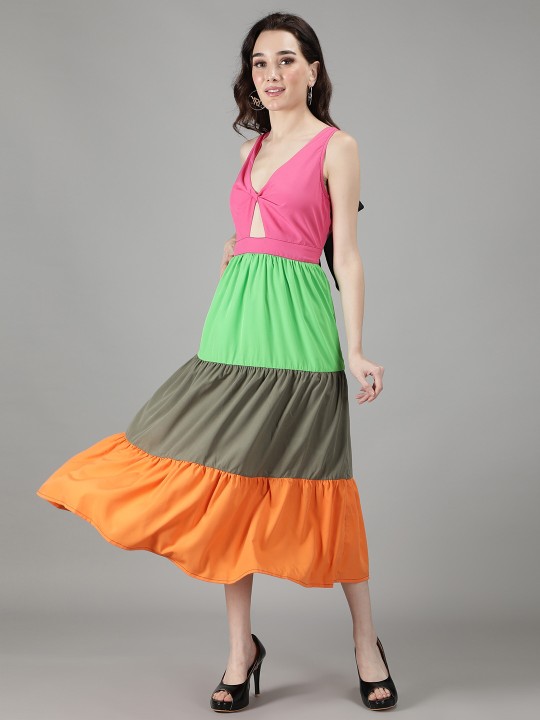 Pink Colourblocked Crepe Midi Dress by Minglay