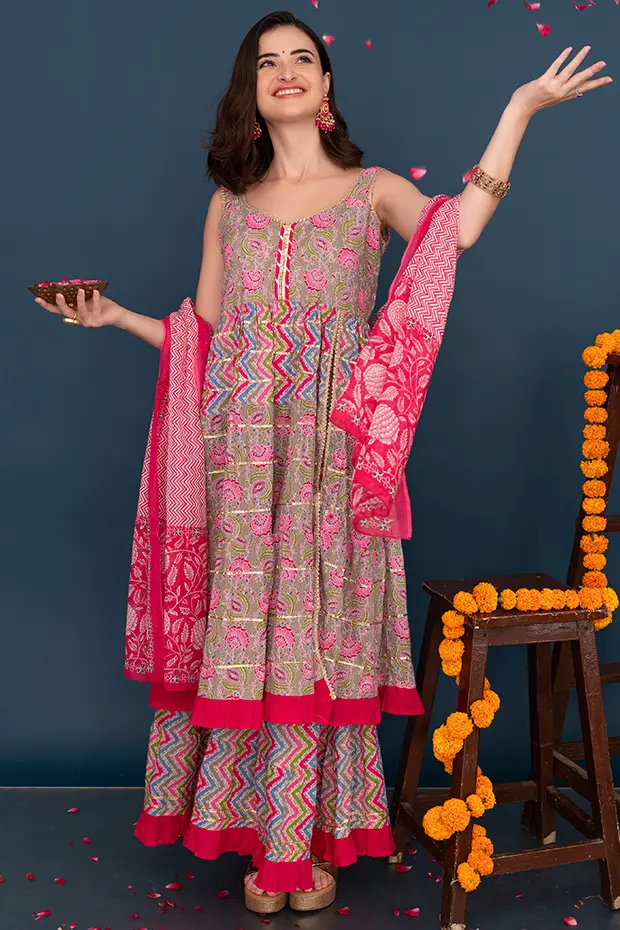 Pink Floral Printed Cotton Sharara Set With Dupatta