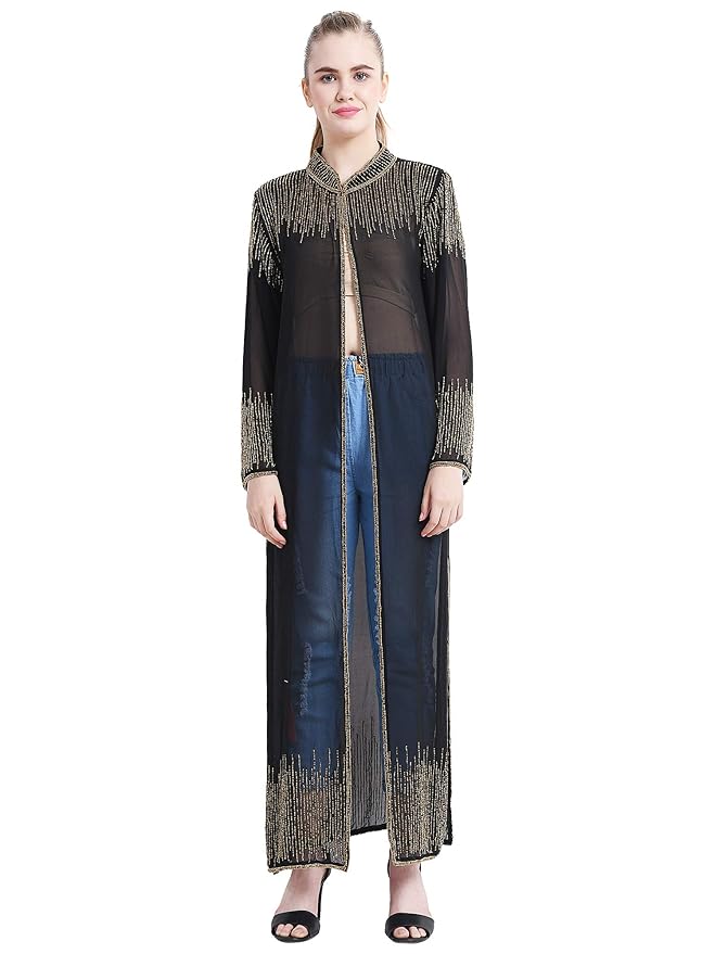 Polyester Blend Banded Collar Long Maxi Floor Length Front Open Embroidered Shrug by Matelco