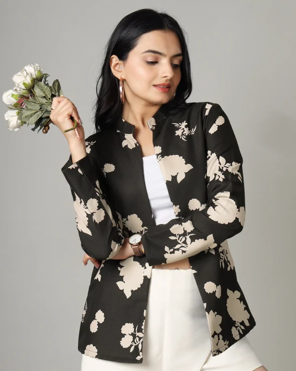 Rayon Women’s Jacket in Black with White Floral Print