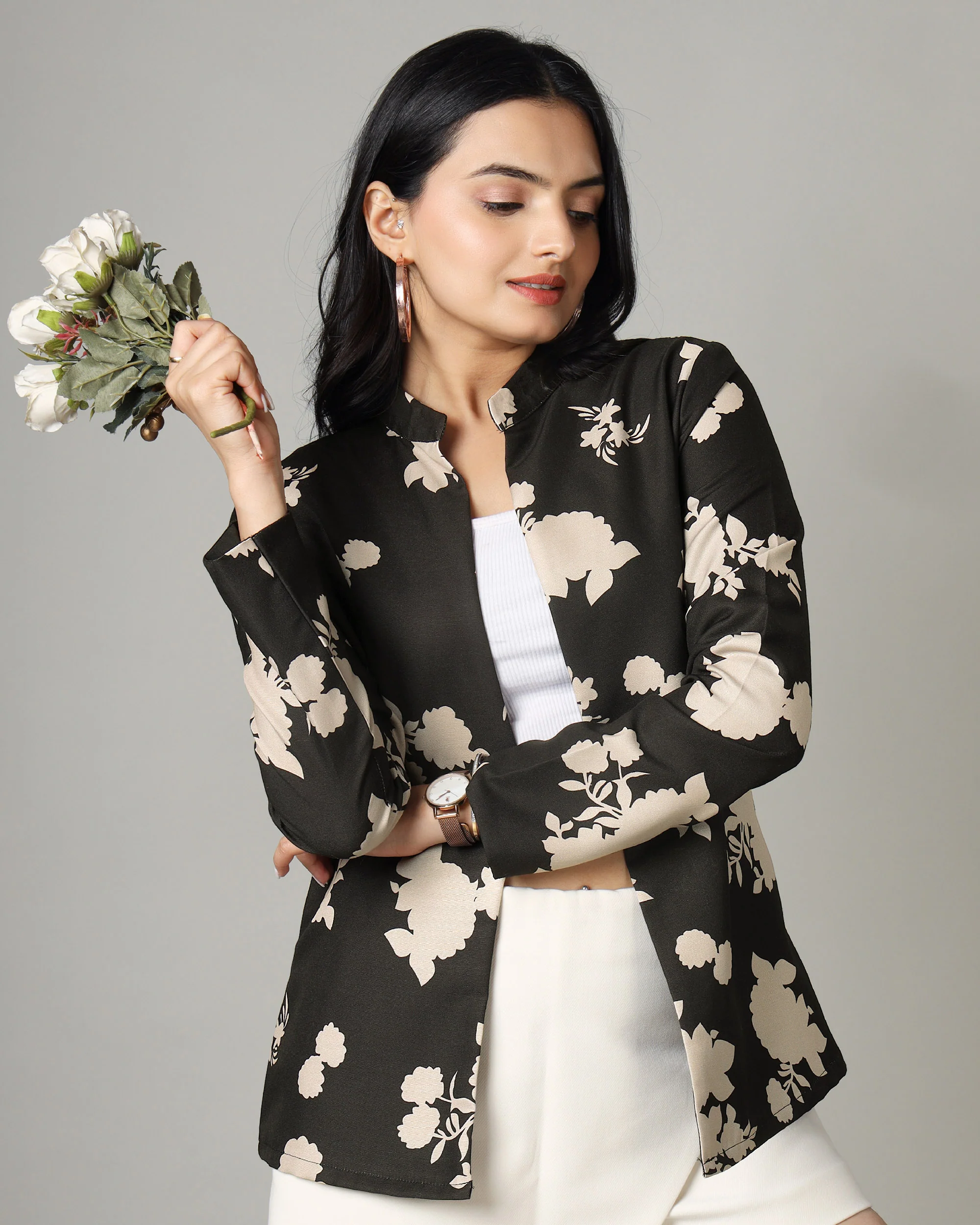 Rayon Women’s Jacket in Black with White Floral Print