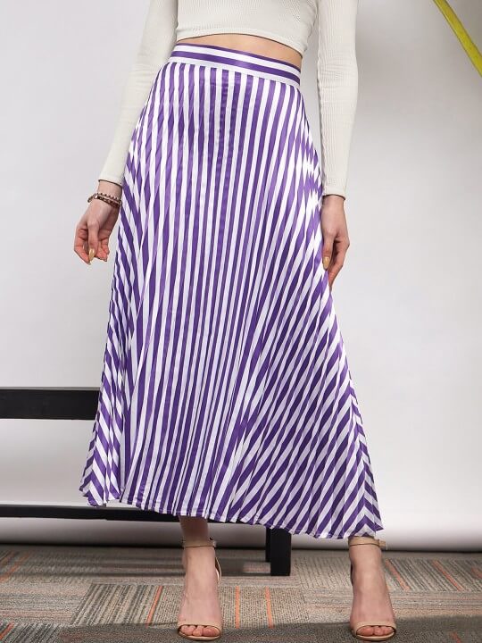 Striped Satin Accordion Pleated Maxi Flared Skirt by Sassafras