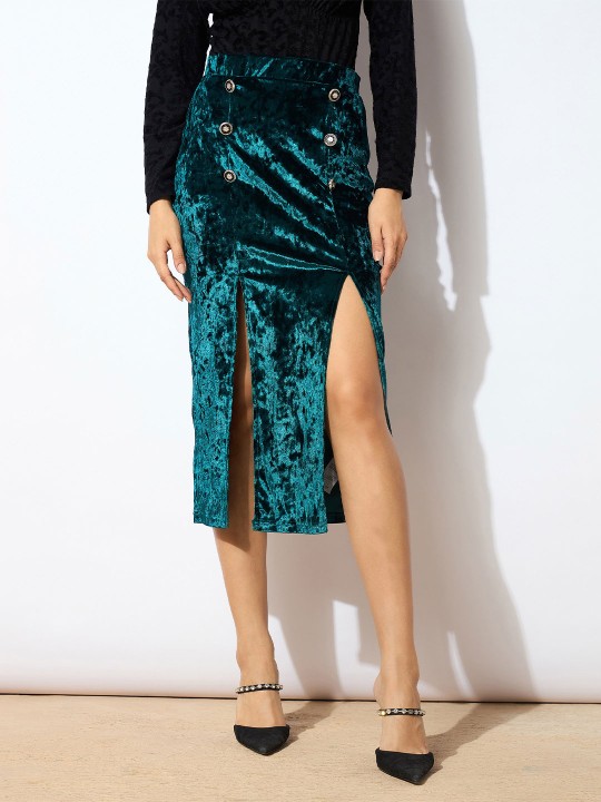Velvet Embellished Front Button Pencil Midi Skirt by Sassafras