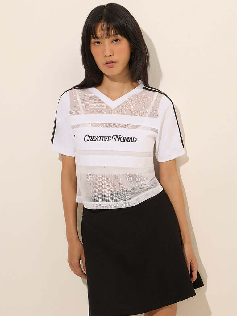 White Text Design Mesh-Detailed Cotton T-Shirt by Studiofit