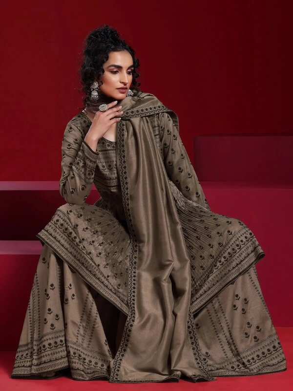 Art Brown Embroidered Silk Blend A-Line Kurta With Sharara & Dupatta
