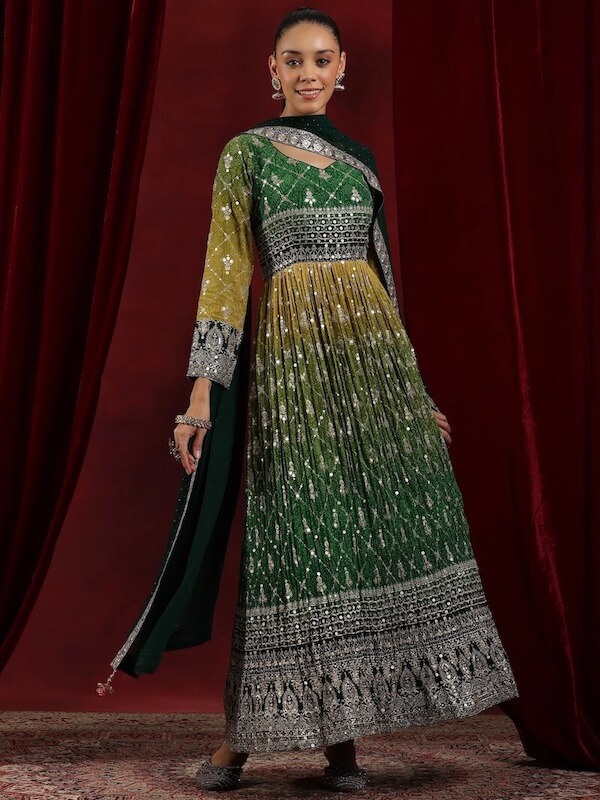 Art Green Printed Georgette A-Line Kurta With Trousers & Dupatta