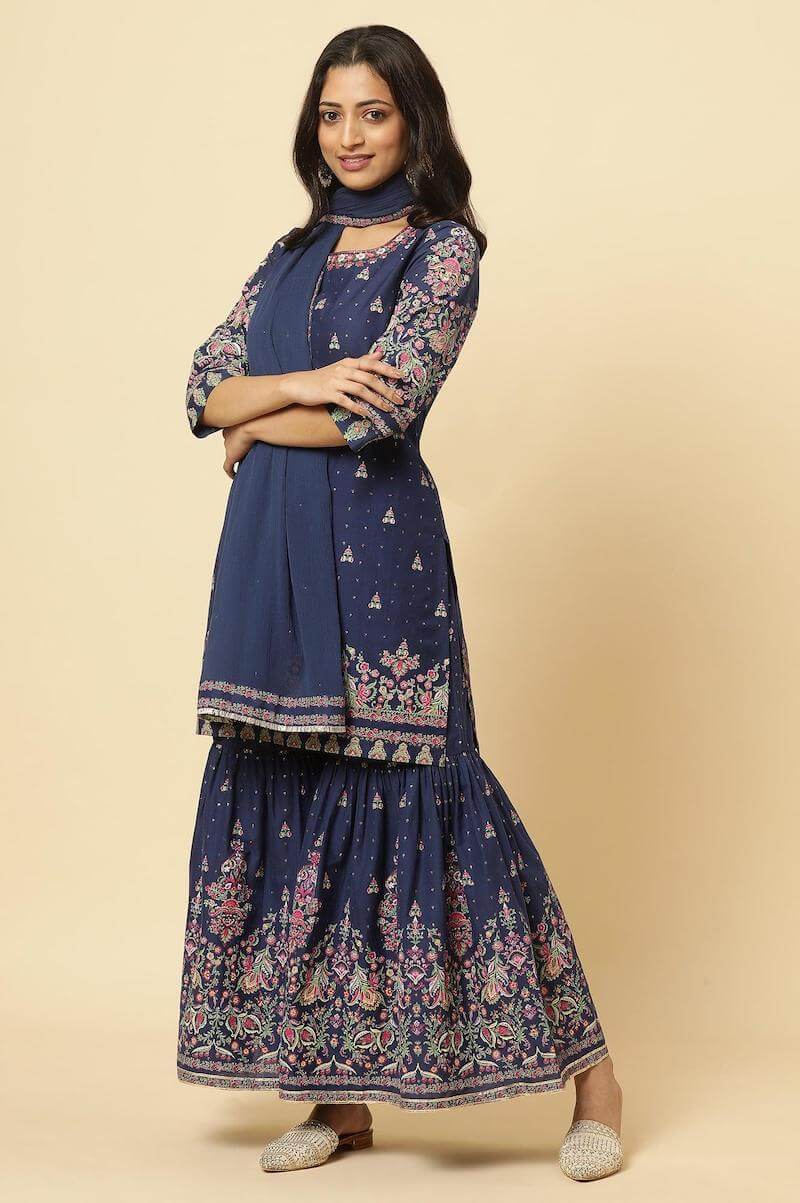 Blue Floral Printed Kurta, Sharara And Dupatta Set