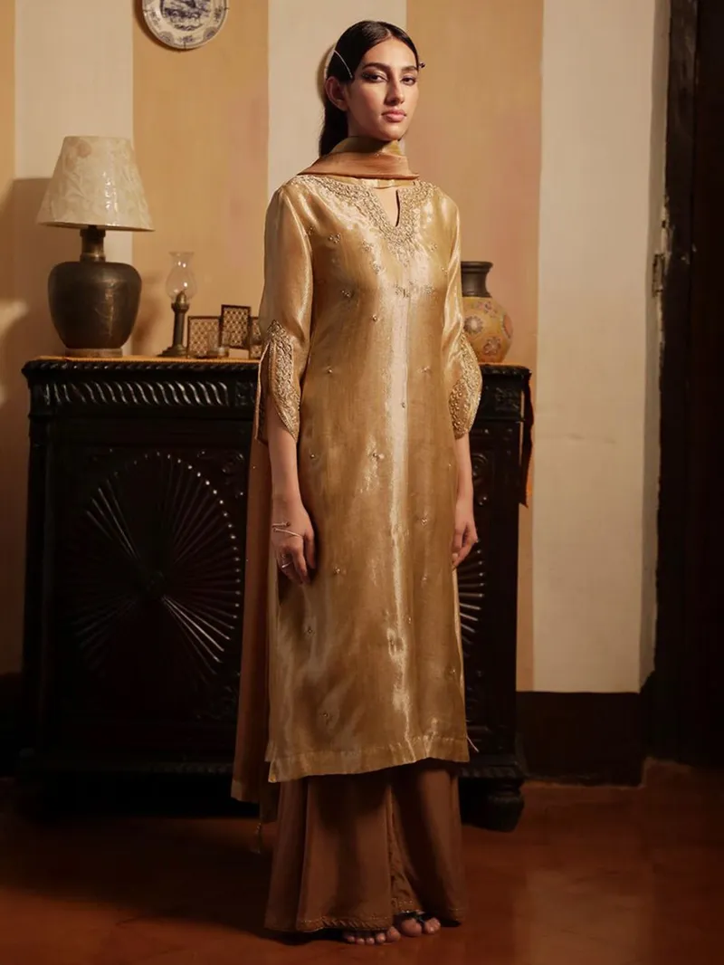 Golden Zari Embroidered Viscose Tissue Suit- Set of 3