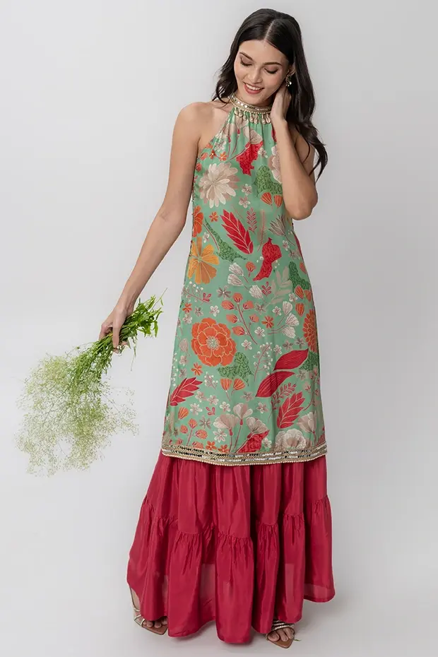 Green Floral Printed Kurta With Skirt