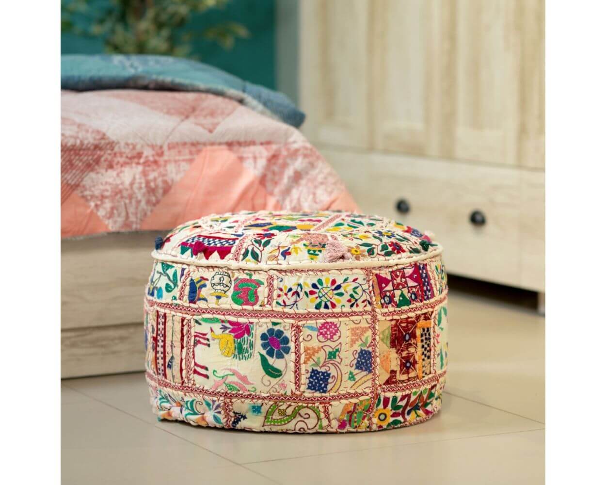 Hand Crafted Fabric Pouf White Multi