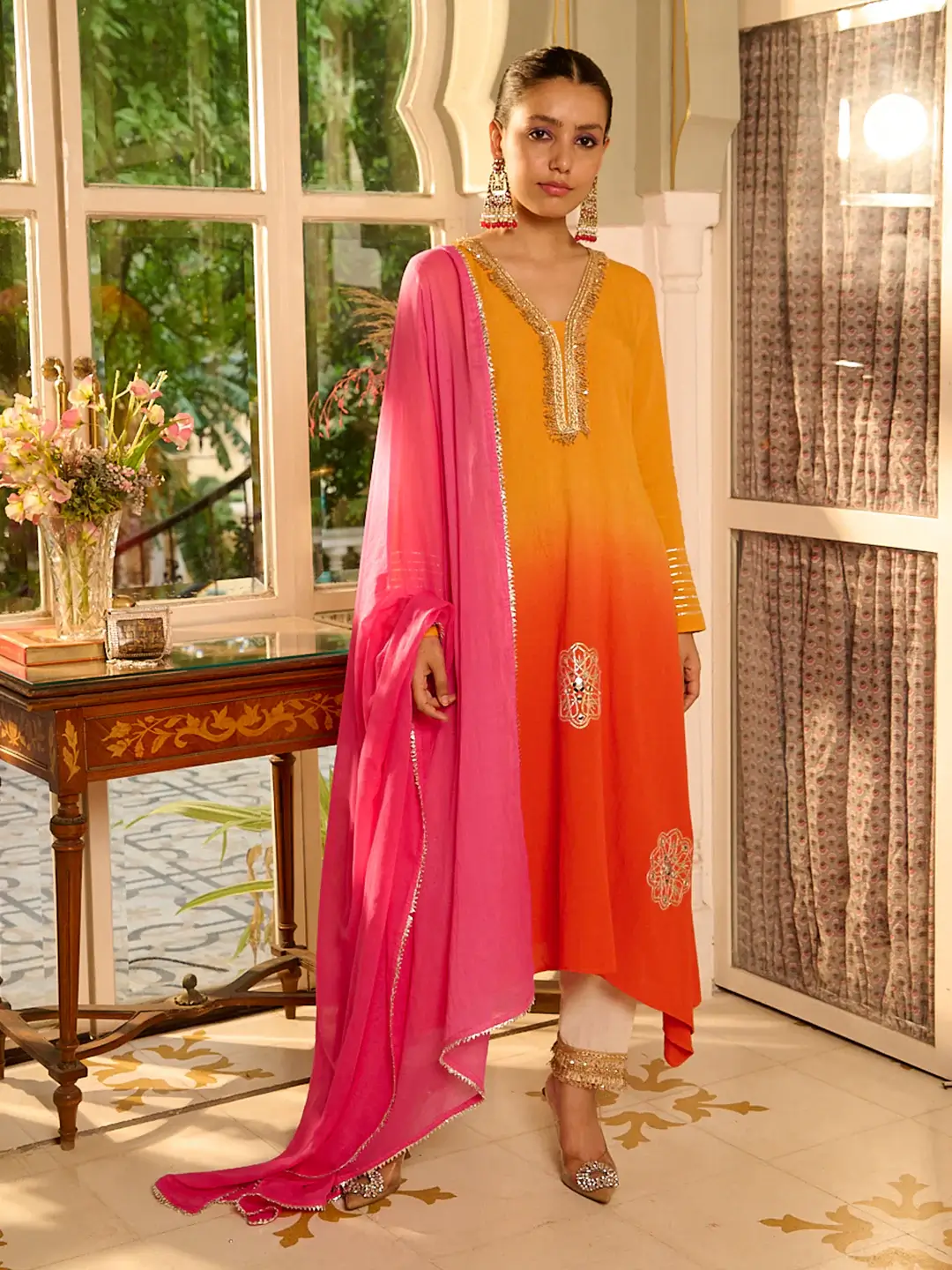 Ombre Dyed & Gota Embroidered A-Line Kurta with Pant with Dupatta - Multi