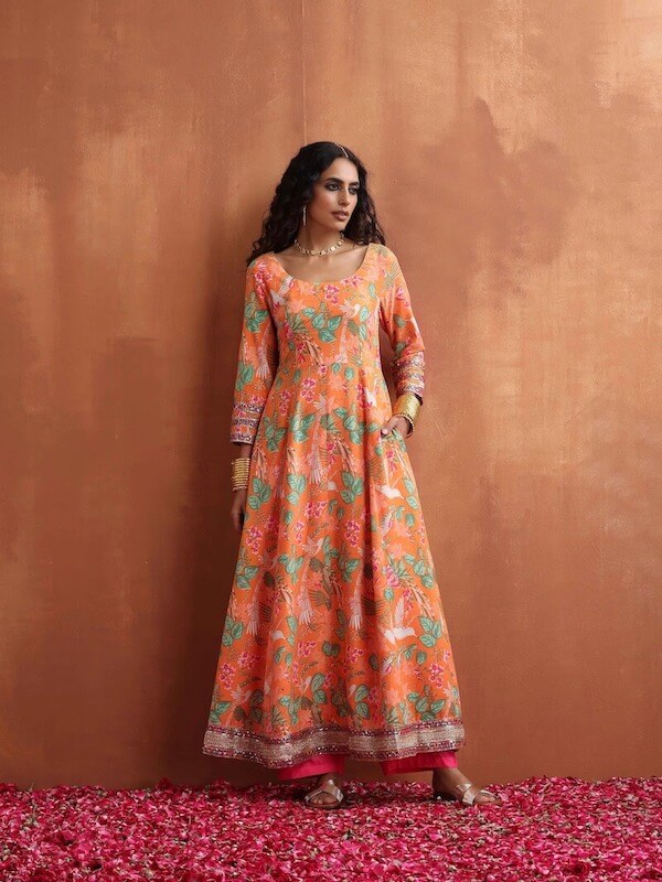 Orange Print Flared Anarkali Kurta Set