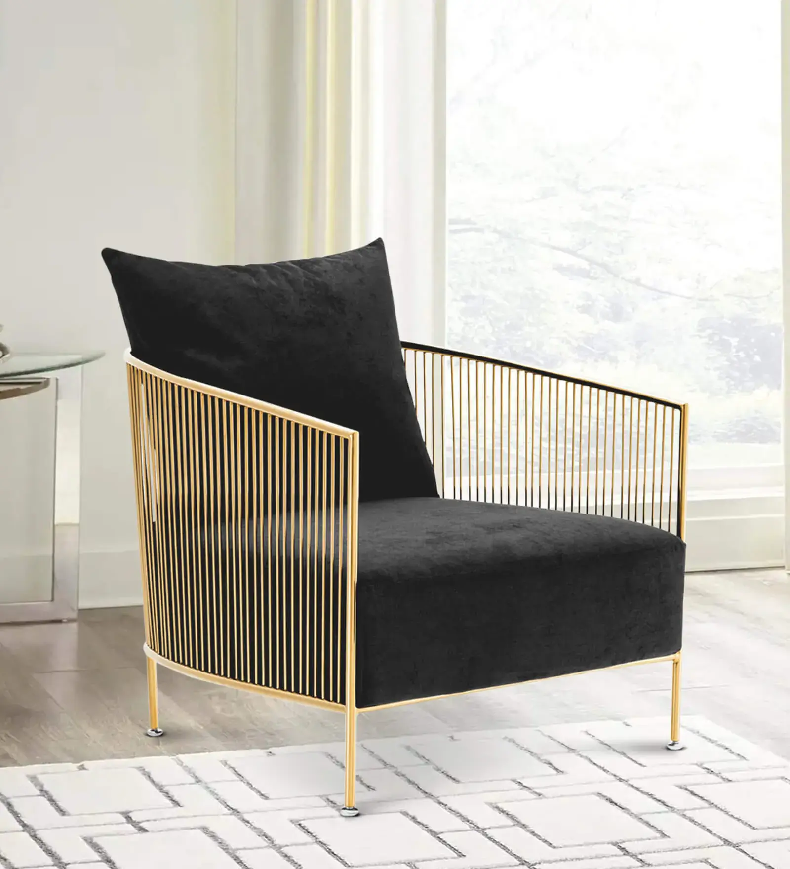 Samue Velvet Arm Chair in Gold or Black Finish by Kiyan Overseas