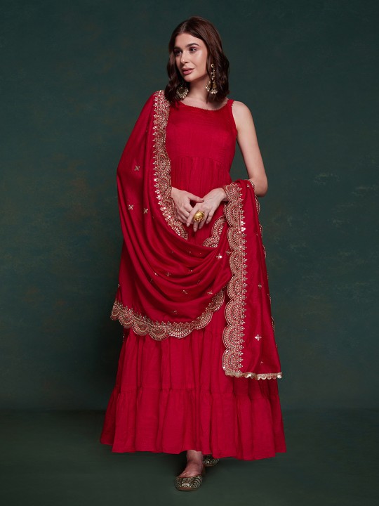 Shoulder Straps Tiered Ruffled Georgette Flared Maxi Ethnic Dress with Dupatta by Fusionic