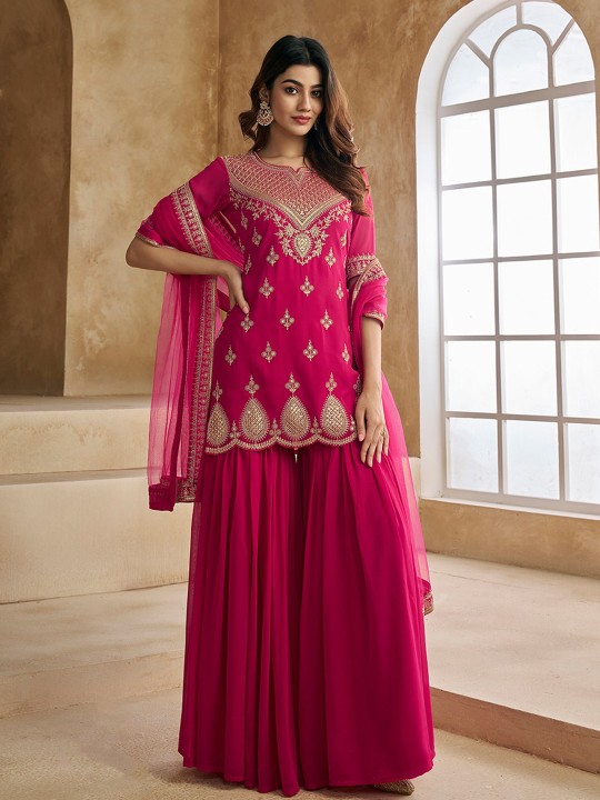 Women Ethnic Motifs Embroidered Regular Sequinned Kurta with Sharara & With Dupatta by Inddus