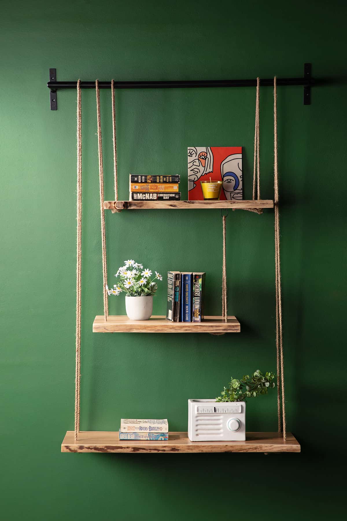 Acacia Wood, Rope and Metal Hanging Bookshelf, Swinger