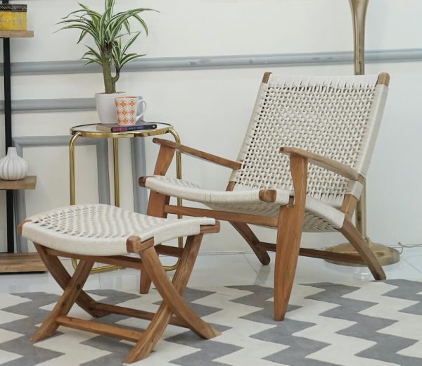 Acacia Wood with Braided material Arm Chair with Stool in Natural Finish, Chris