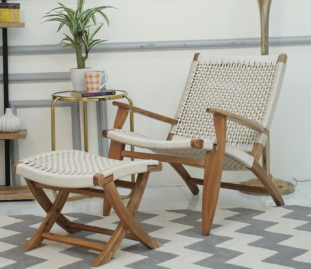 Acacia Wood with Braided material Arm Chair with Stool in Natural Finish, Chris
