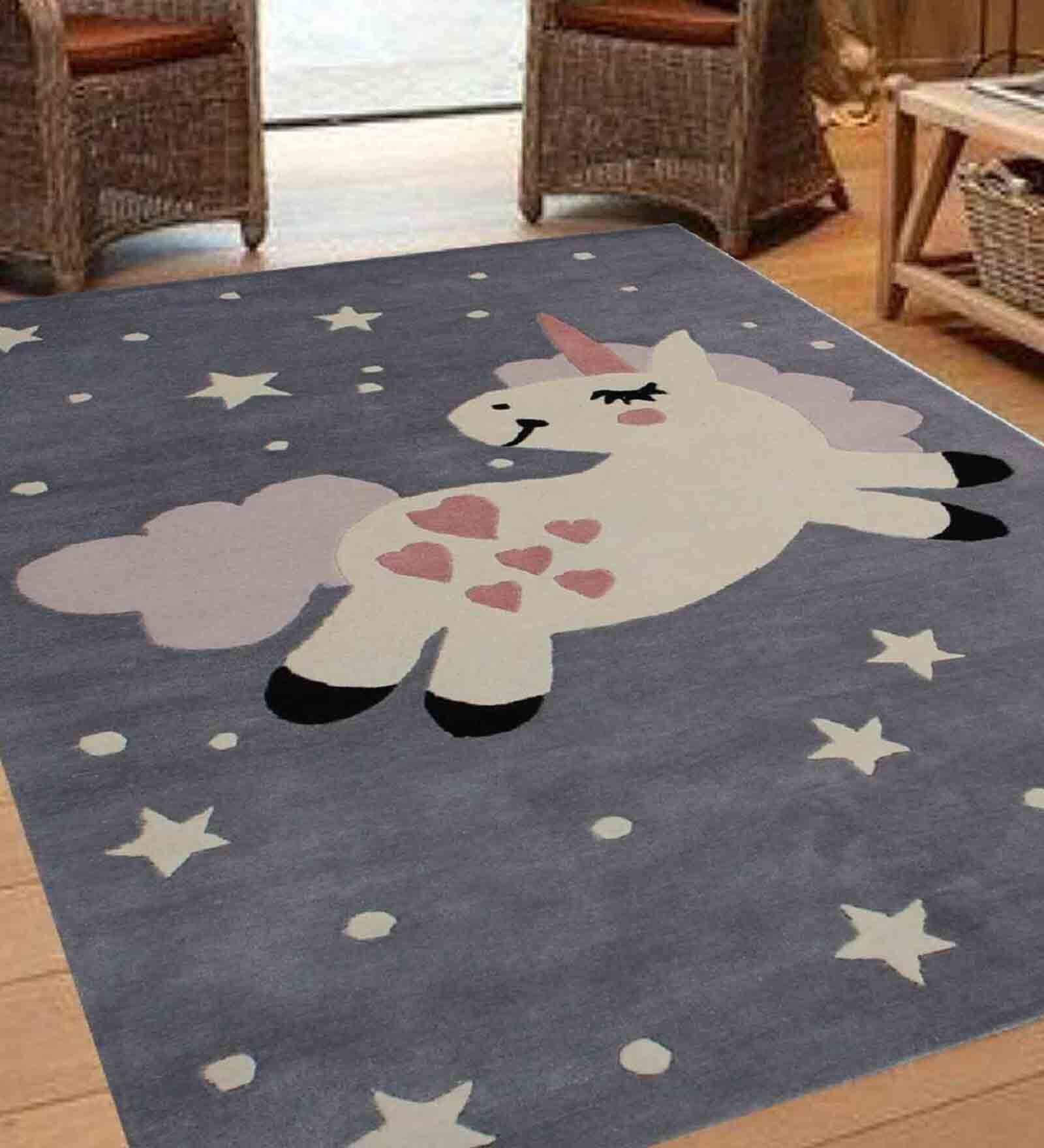 Anti-Slip Kids Floor Mat in Grey with Animal Character