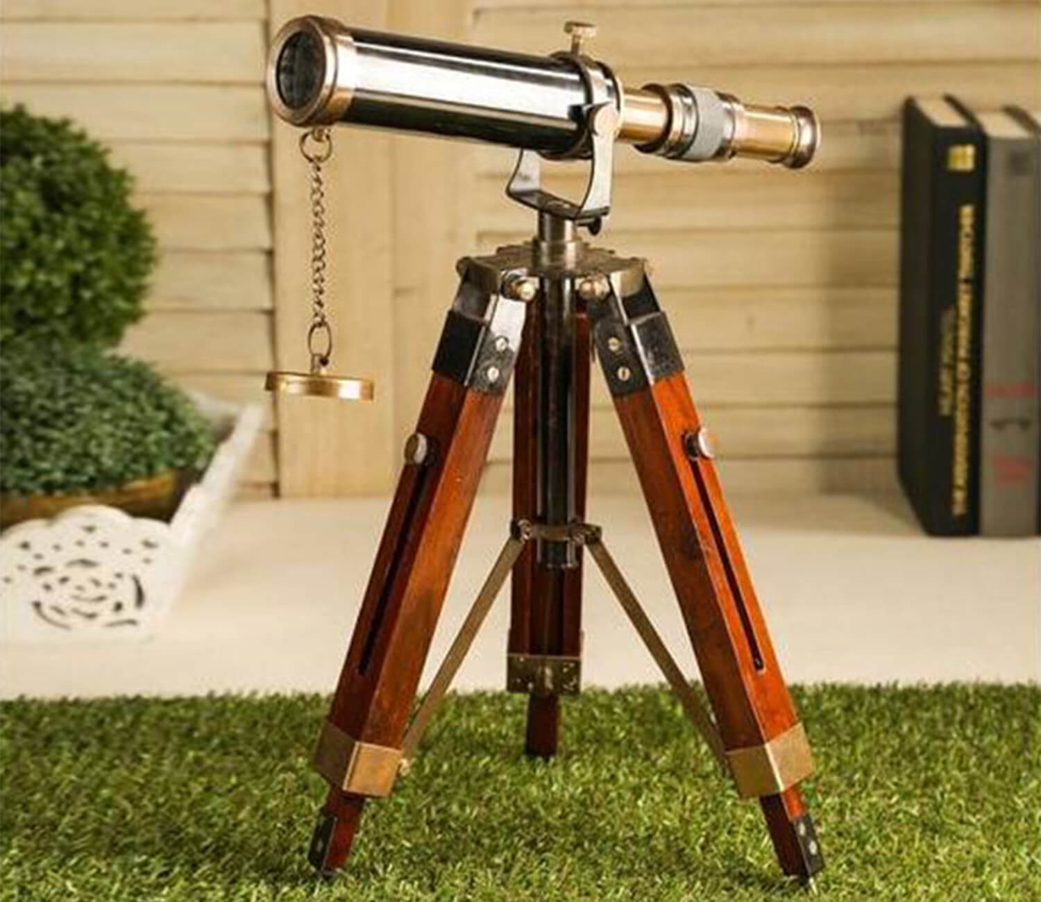 Antique Telescope with Tripod Stand, in Brass and Wood