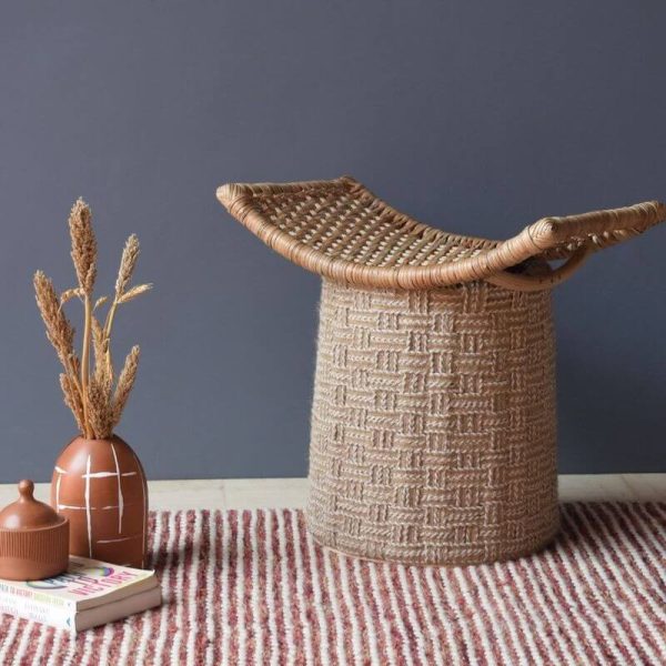Bamboo, Jute and Rattan Ottoman in Off-White, Garden Rose