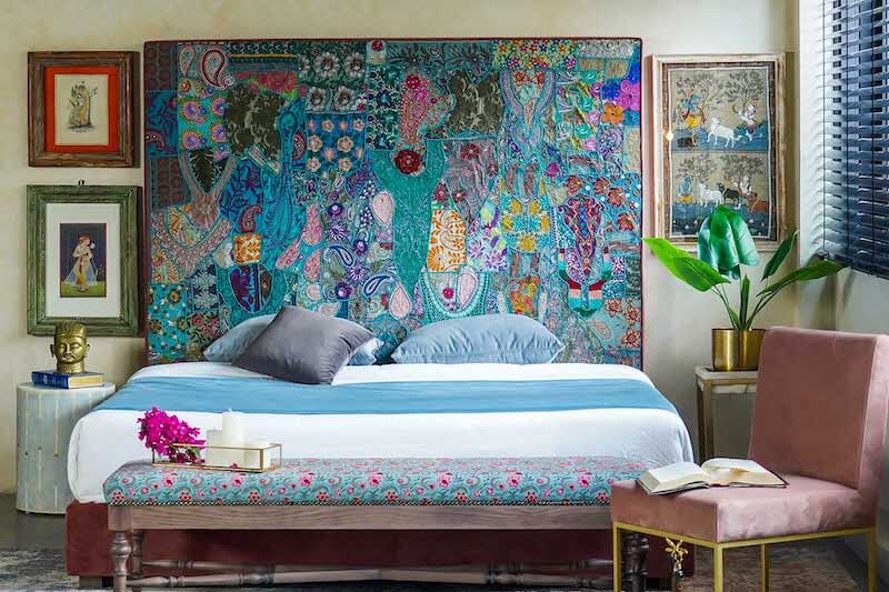 Bed with Headboard made with Patchwork and Applique work