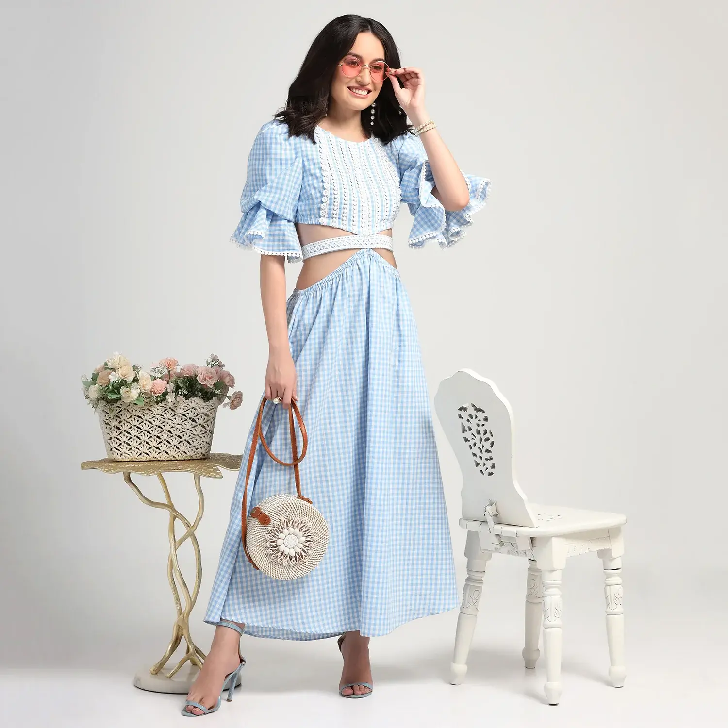 Blue Check Dress With Lace Yoke & Tie Blet