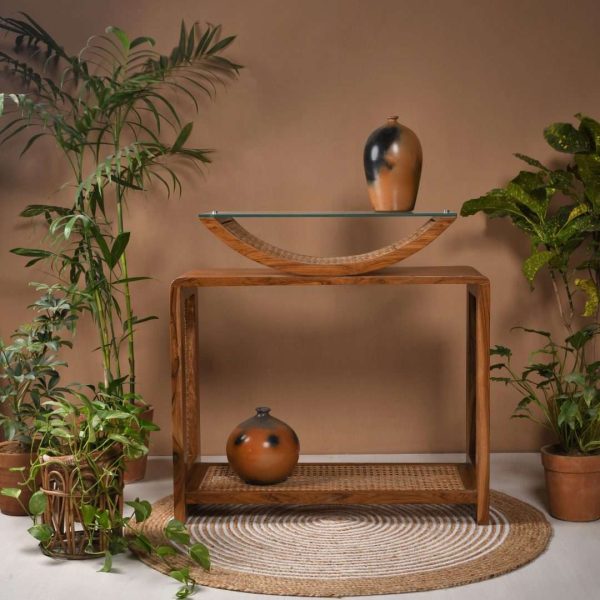 Cane & Teak Wood Console Table with Arch Top