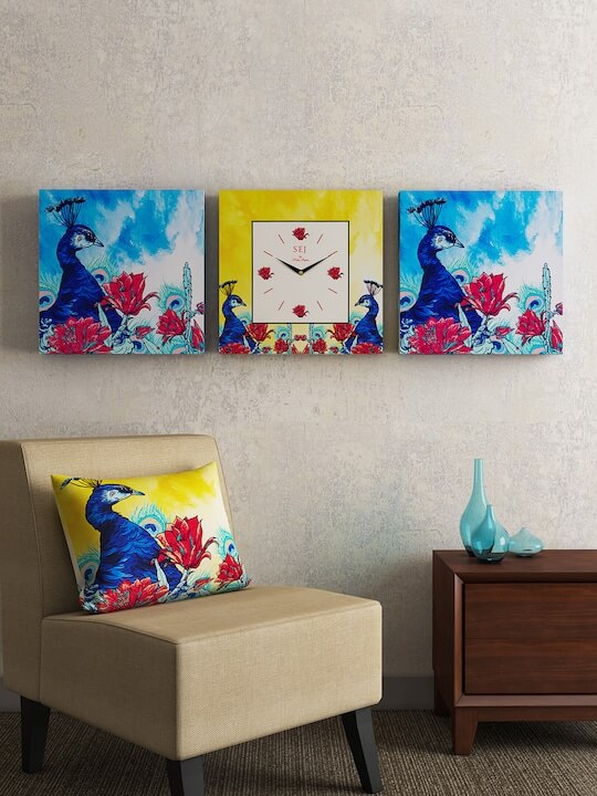 Canvas & MDF, Square Analogue Wall Clock with Printed Wall Art