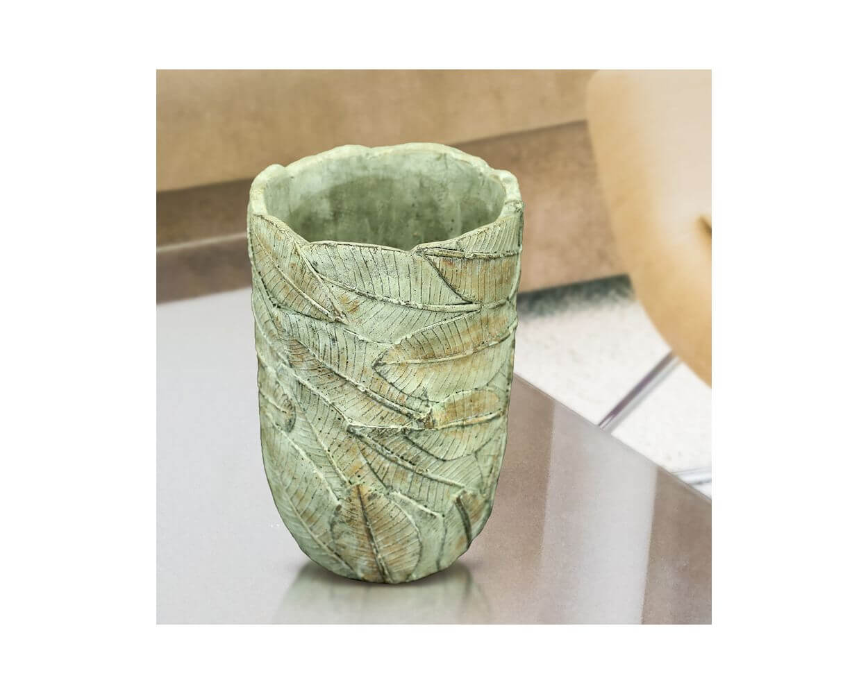 Cement Pot with Leaf Design, in Green