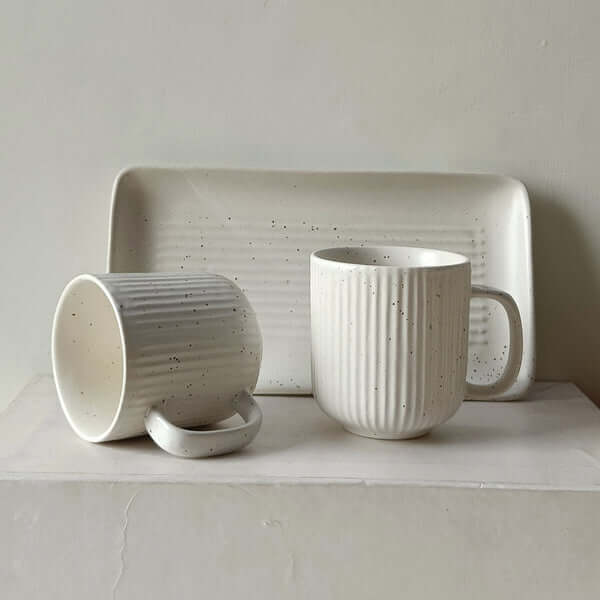 Ceramic, 2 Cups and a Platter Set in White, Cheeni Mitti